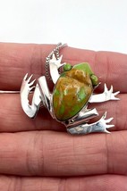 Reynetsa Leland Zuni Sterling Silver Green Turquoise Frog Pendant Necklace - £111.90 GBP