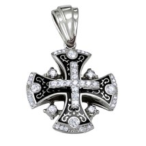 Jerusalem Cross Pendant Gold 14K With Diamonds and Black Enamel Jewelry Gift - £783.30 GBP