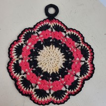 Vintage Hand Crochet Hot Pad Pink Black 6.5 Inch - £5.94 GBP