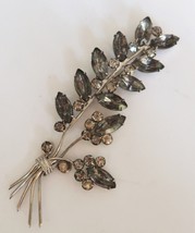 Large vintage silver tone gray &amp; clear rhinestone leaf branch brooch - £15.94 GBP