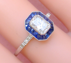 Estate Art Deco .72ct Emerald Cut Diamond Sapphire Halo Platinum Engagement Ring - £3,571.38 GBP