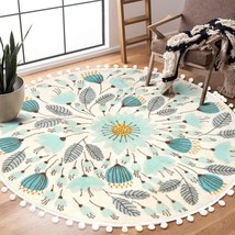 Uphome Round Rug For Bedroom 4&#39; Circle Cute Area Rug With Pom Poms Fringe Floral - £47.04 GBP