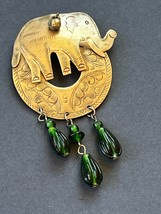 Large Etched Silvertone Elephant Over Open Circle w Green Bead Dangles Brooch - £11.87 GBP