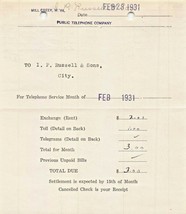 Mulino Creek Wv ~ Publici Telefono Company ~1931 Billhead - £7.39 GBP