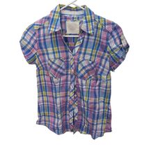 Vintage Y2K Pink Blue Plaid 100% Cotton Short Sleeve Button Front Blouse... - $34.99