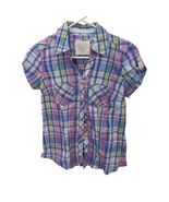 Vintage Y2K Pink Blue Plaid 100% Cotton Short Sleeve Button Front Blouse... - $34.99