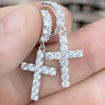 925 Silver Brilliant Cut Simulated Diamonds Unisex Dangle Cross Hoop Ear... - £53.66 GBP