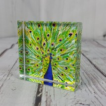 Peacock Glass  Paperweight 2.25&quot; Square Cube Fanned Feathers 6oz Felt Ba... - £10.49 GBP