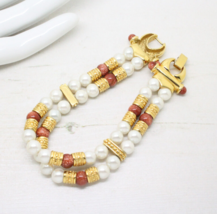 Vintage Goldstone and Pearl Gold Plated Double Row BRACELET Jewellery - £19.18 GBP