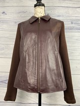 Jaclyn Smith Classic Leather Jacket Women M Brown Full Zip Ribbed Knit S... - £14.15 GBP