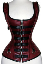  WOMEN STEEL BONED REAL LEATHER OVERBUST CORSET LACE UP BUSTIER TOP SHAPER - $99.99