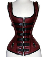  WOMEN STEEL BONED REAL LEATHER OVERBUST CORSET LACE UP BUSTIER TOP SHAPER - £79.63 GBP