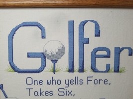 Cross Stitch Golfer Golf Vintage Completed Wooden Framed 15&quot;X12&quot; 1989 - £22.49 GBP