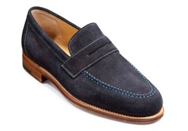 Men&#39;s Navy Blue Color Penny Loafer Slip On Genuine Suede Leather Handmade Shoes - £120.26 GBP+