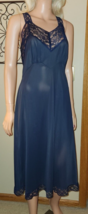 Vintage 1940s Dark Blue Full Slip Nightgown Lace Straps/hem M/L 36/38 - £37.36 GBP