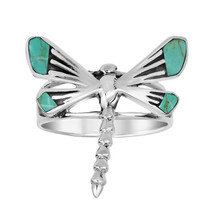Whimsical Dragonfly Green Turquoise Inlay Wings .925 Sterling Silver Ring - 8 - £17.80 GBP