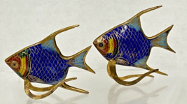 2 Vintage Blue Red Cloisonne Enamel Tropical Beta Fish Statue Footed Fig... - $32.18