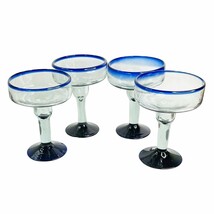 Margarita Glass Set Mexican Hand Blown Heavy Cobalt Blue Rim &amp; Foot 16oz 4 pc - $56.10