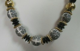 Vintage Black &amp; White Carved Plastic Multi-Shaped Bead Necklace 23&quot; - £27.03 GBP