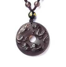 Natural ice Obsidian stone Dragon, phoenix pendant beaded necklace - £21.11 GBP