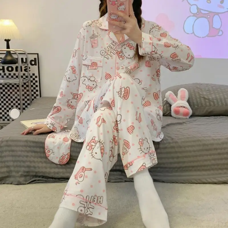 Sanrio Hello Kitty Ins Female Spring and Autumn Pajamas Cartoon Anime Sweet Wild - £21.78 GBP