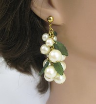 Vintage Faux Pearl Berry Cluster Leaf Dangle Earrings Gold Pierced Avon  2&quot; - £11.66 GBP