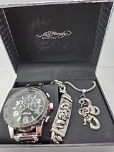 Ed Hardy Men&#39;sTwo Tone Metal Bracelet Watch 46mm Gift Set NEW Liasted 11... - £56.46 GBP