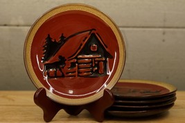 Clay Art Rustic Lodge Red &amp; Black Cabin Moose Pattern 5PC Lot 7&quot; Dessert Plates - £27.68 GBP
