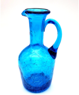 Vintage Pitcher Blue Crackle Glass Bud Vase 6&quot; T EUC Handle Small Lip Ho... - £12.55 GBP