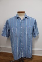 Vtg Downing &amp; Dunn L Blue Vertical Stripe Short Sleeve Cotton Shirt - £20.93 GBP