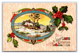 Happy Christmas Tide Cabin Scene Holly Embossed Gilt DB Postcard O18 - $3.91