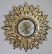 Vintage Starburst Sun Wall Clock Authentic 1960&#39;s Usa Gold 8-day 19&quot; Works Video - £131.49 GBP