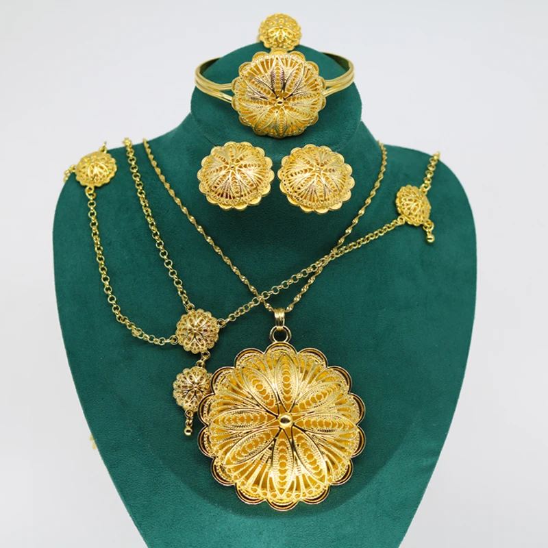 Wholesale Ethiopian Large Gold Jewelry Set 5pcs Luxury Ladies Necklaces Earrings - £31.38 GBP