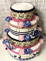 Baby Girl Nautical Baby Shower 4 Tier Large Hot Pink , Navy and Gold Diaper Cake - £184.44 GBP