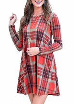 Women Casual Swing Long Sleeve Plaid Printed Loose Fit T Shirt Dress wit... - £21.47 GBP