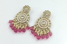 Bollywood Style Indian Gold Plated Pearl Kundan Earrings Rani Pink Jewelry Set - £22.40 GBP
