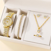 6PCS Set Luxury Watch Women Ring Necklace gold - £10.13 GBP