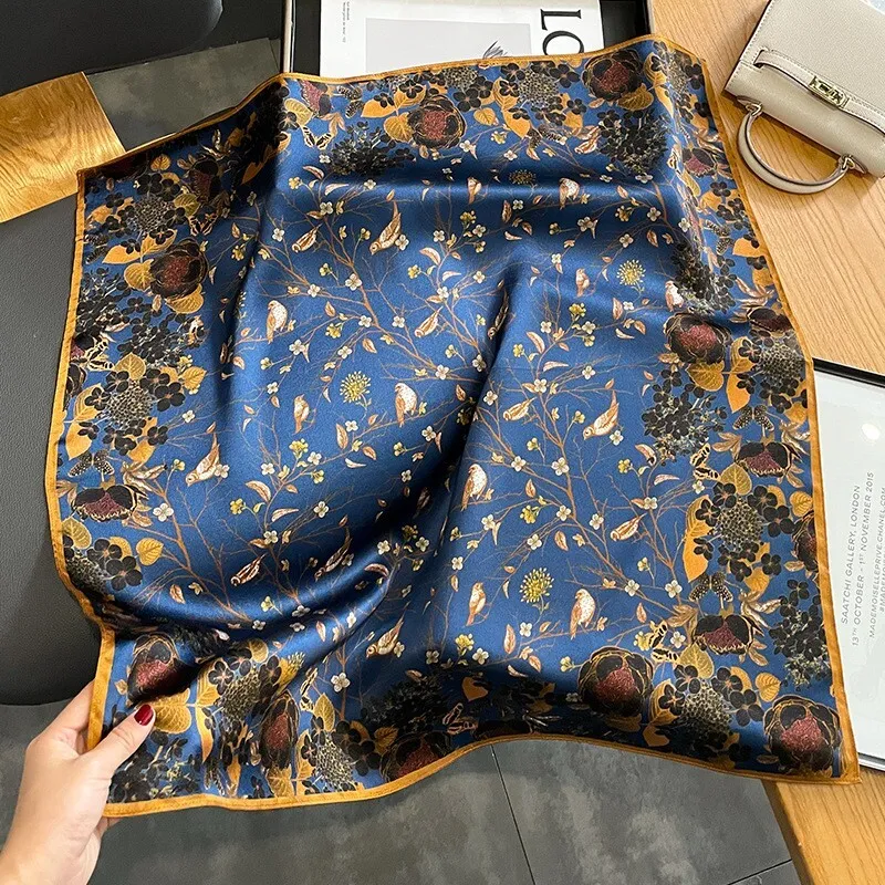 100% Silk Scarf Women Vintage Blue Leaves Kerchief Square Bandana Wrap 6... - $34.99