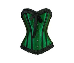 Green Satin Black Frill Retro Burlesque Halloween Corset for Her Basque Overbust - £43.49 GBP