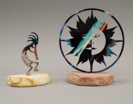 2 Southwestern Painted Sculptures Celestial Sun / Moon &amp; Kokopelli On Stone - £44.06 GBP