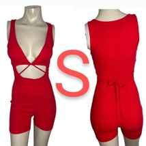 Red Ribbed Low Cut Wrap Tie Cut Out Fashion Stretchy Bodycon Romper~Size S - $33.43