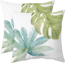 Green Tropical Leaves Throw Pillow Covers Set Of 2 Decorative Monstera Palm, C2 - £25.38 GBP