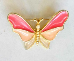 Elegant Pink Enamel Gold-tone Butterfly Brooch 1970s vintage 1 1/4&quot; - £10.32 GBP