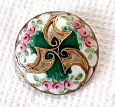 Victorian Enamel Button 1 1/8&quot; Pink Rose Sprays Deep Green with Open Cut... - $54.45