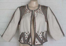 New Chico&#39;s 1 Medium Artisan Embellished Tribal Beaded Linen Blend Jacket - £22.16 GBP