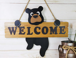 Black Bear Cub Hanging On Welcome Sign Plank MDF Wood Door Or Wall Decor... - $34.99