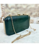 Emerald Green Crocodile-Embossed Leather Clutch with Gold Chain – Elegan... - $189.00