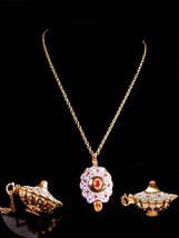 Rose gold plate Aladdin lamp locket necklace -  Magical rhinestone genie jewelry - £105.93 GBP
