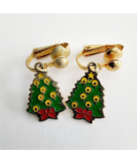 1970s Vintage Clip On Earrings Christmas Trees Enamel Metal Holiday Jewelry - $27.45 CAD
