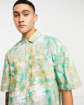 Topman Mens Button-Up Shirt Green Marble Print Short Sleeve Chest Pocket... - £20.64 GBP